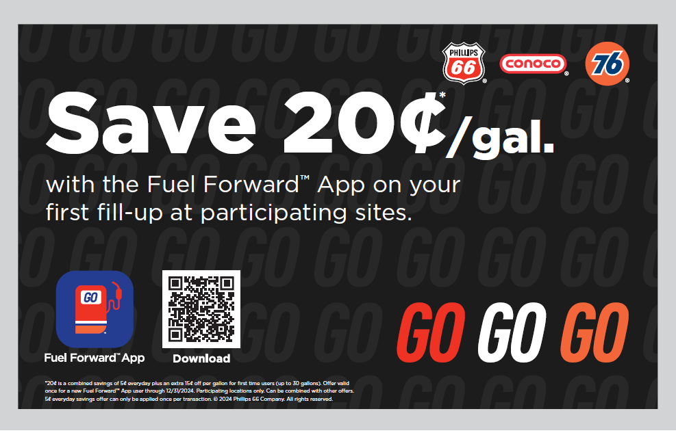 Save 20 cents/gal. with the Fuel Forward App on your first fill-up at participating sites. 