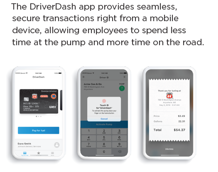 Three phones showing screenshots with text that reads, "The DriverDash app provides seamless, secure transactions right from a mobile device, allowing employees to spend less time at the pump and more time on the road.