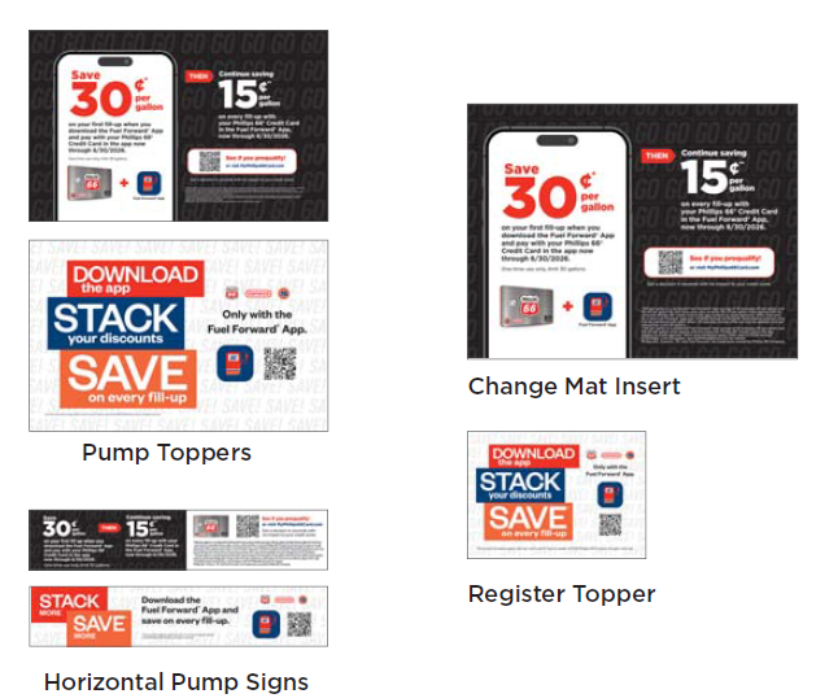 Pump signs, toppers, mat inserts, and register topper.
